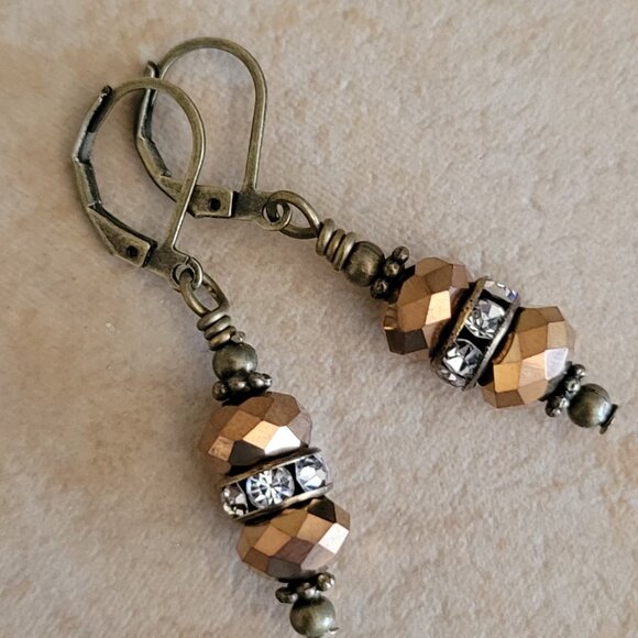 Copper Clear Crystal Rhinestone Rondelle Earrings Bronze Brass Lever Back - Picture 7 of 7